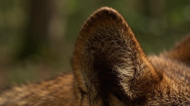 Extreme macro photorealistic cinematic footage of a dark brown fox ear, detailed fur
