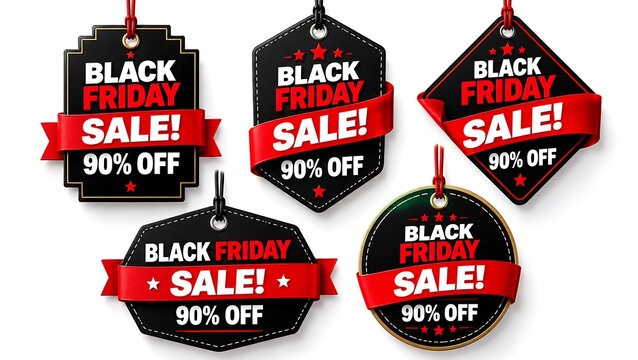Collection of black friday sale price tags with ninety percent discount labels