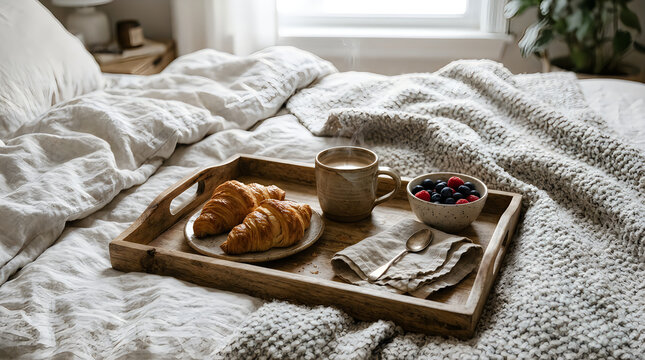 Croissants and coffee on wooden tray served on cozy white bed