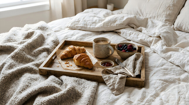 Breakfast croissants and coffee on wooden tray in messy white bed