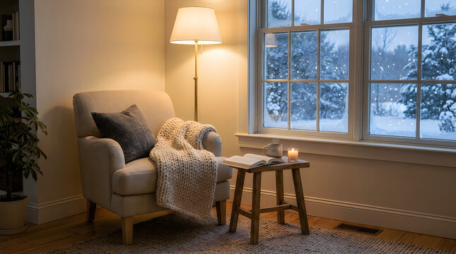 Cozy living room with armchair and blanket near snowy window view