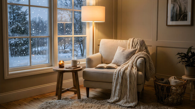Cozy armchair with white blanket and open book by snowy window