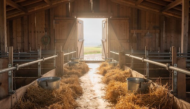 Traditional wooden barn interior with hay and morning sunlight