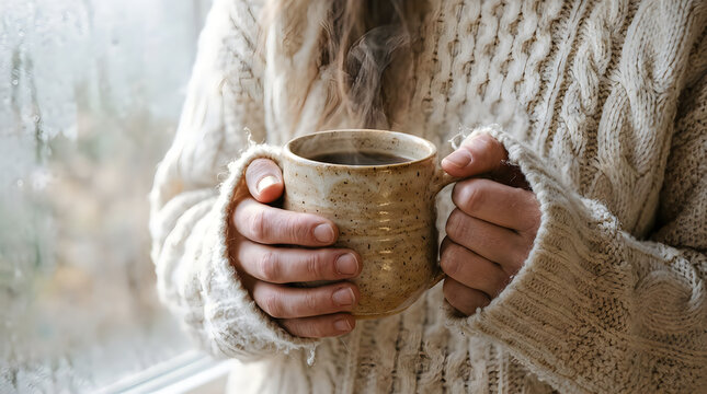 Woman holding steaming ceramic mug with coffee in cozy knit sweater