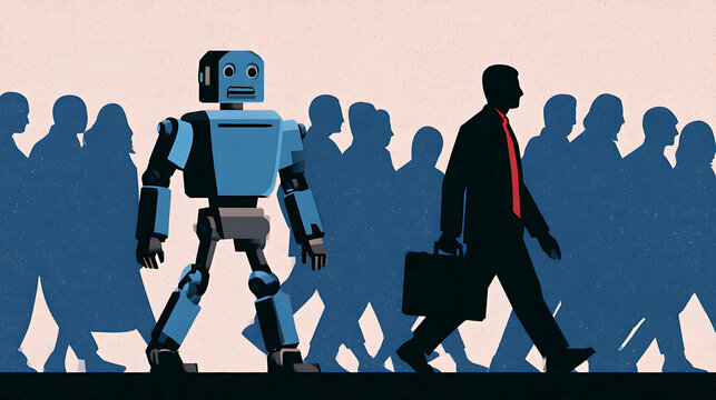 Conceptual illustration of artificial intelligence replacing human workers, featuring a humanoid robot walking alongside a businessman and crowd. Symbolizing job automation, workforce transformation a