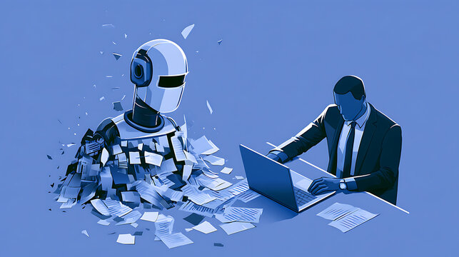 Conceptual illustration of artificial intelligence transforming office work, featuring a humanoid robot surrounded by documents and a businessman working on laptop. Symbolizing automation and digital 