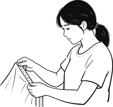 young woman measuring fabric with ruler sewing and tailoring activity in progress