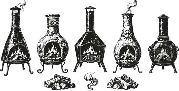 Vintage chiminea collection cast iron outdoor fireplaces with burning firewood and smoke classic garden heating stoves in decorative designs