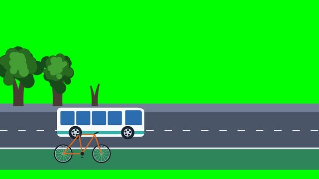 Eco-friendly urban transportation with an electric bus, a moving bicycle without a rider, and realistic green trees growing along a city road on a green screen background.