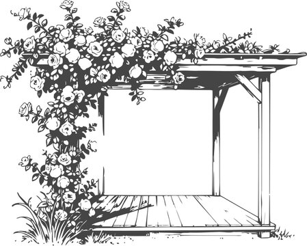 rustic wooden pergola entwined with blooming rose vines and lush foliage in garden