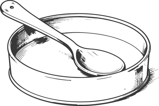 Vintage round bowl with spoon inside hand drawn simple kitchenware illustration in black and white ink