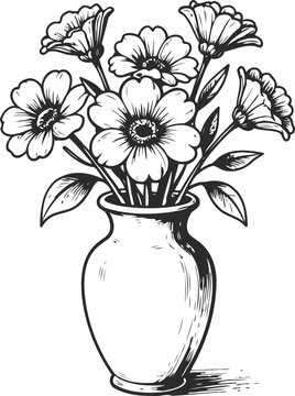 Black and white floral bouquet in a vase with blooming flowers and leaves vintage line art illustration