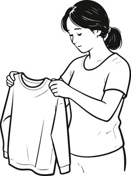 Woman holding and inspecting a long sleeve shirt in black and white drawing illustration