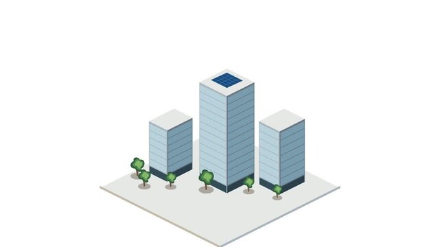 Luxury modern buildings rise as realistic green trees emerge and rooftop solar panels unfold, illustrating sustainable urban development, renewable energy, and eco-friendly architecture.