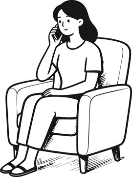 Young woman sitting in armchair talking on smartphone, relaxed conversation and communication