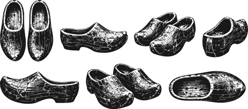vintage wooden clogs collection traditional rustic handmade shoes set footwear illustration