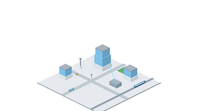 Modern smart city assembles from modular buildings as glowing digital networks connect urban infrastructure, transportation, and communication systems