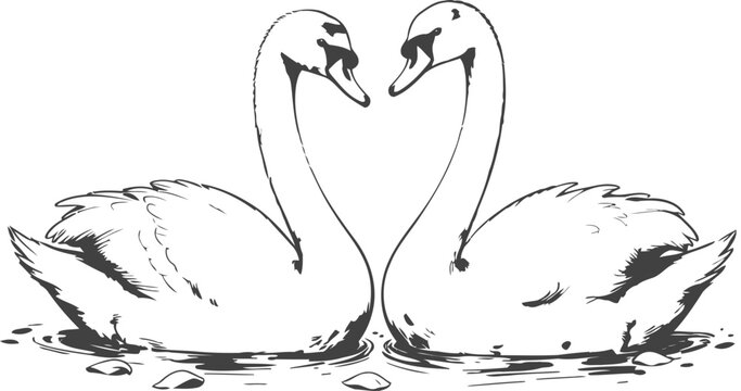 Two elegant swans facing each other forming a heart shape with necks on water in black and white sketch