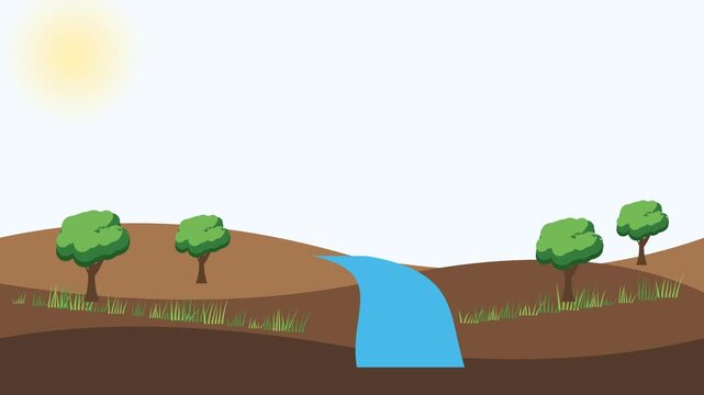 A natural ecosystem grows as soil, grass, trees, and a flowing river emerge, while butterflies fly and birds glide through a harmonious green landscape. Nature and biodiversity concept.