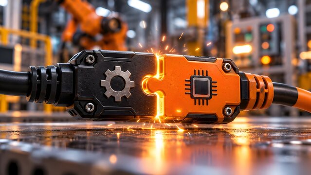 Heavy duty industrial puzzle cable connectors with gear and microchip icons sparking in a smart factory representing automation integration