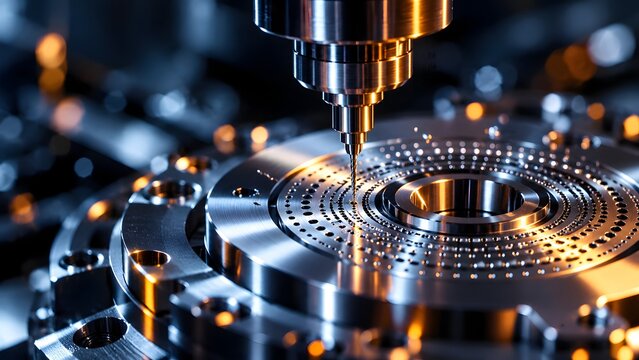 Precision CNC machine spindle drilling micro holes into a circular steel component representing industrial metalworking and engineering