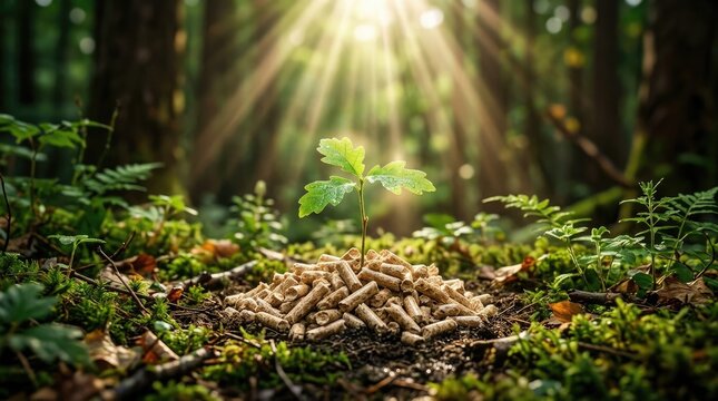 A small oak seedling emerges from a pile of wood pellets in a lush forest setting.