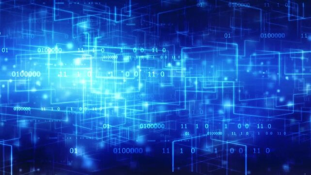 A dynamic, blue-toned tech background animation featuring glowing circuit grids, futuristic blue background featuring glowing geometric grid lines and streaming binary code data. 4K video animation