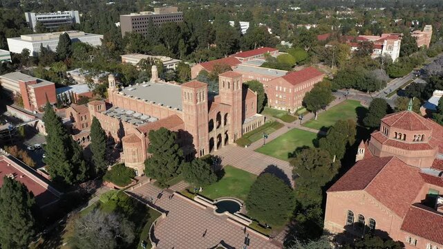 Romanesque brick buildings on a university campus in LA