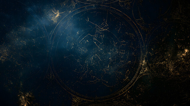 A detailed vintage map of the heavens featuring zodiac constellations, cosmic astrology illustrations, and star charts, with room for text