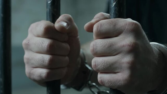 handcuffed hands grip cold metal prison bars in dark cell. closeup of detention and restricted freedom conveys incarceration, justice and human rights concerns.