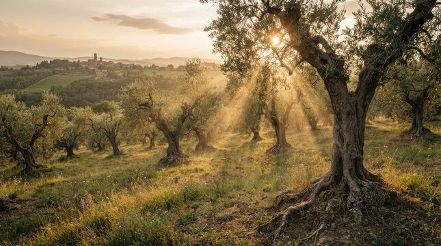 A large, ancient olive tree stands prominently in a sun-drenched grove.