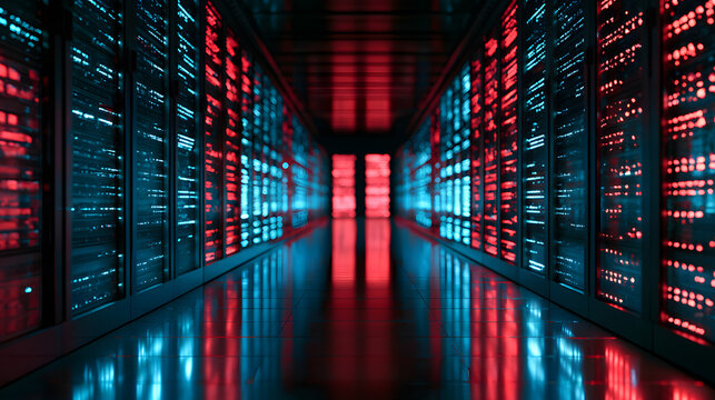 The advanced server area. Rows of servers emit blue and red lights. The polished floor mirrors this pattern, forming a harmonious visual display. Clean and contemporary in style.