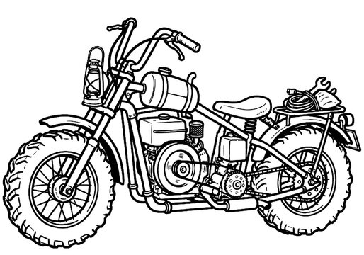 Hand drawn custom motorcycle engine chopper vehicle line art illustration