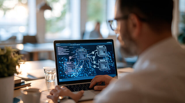 Entity relationship diagram and sql database design concept over the shoulder view of a professional at a laptop screen with customer order product and order item tables linked