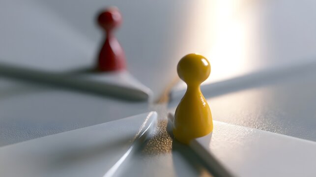 Two game pieces stand on separate paths  one in focus  the other blurred in the background  suggesting a choice or divergence