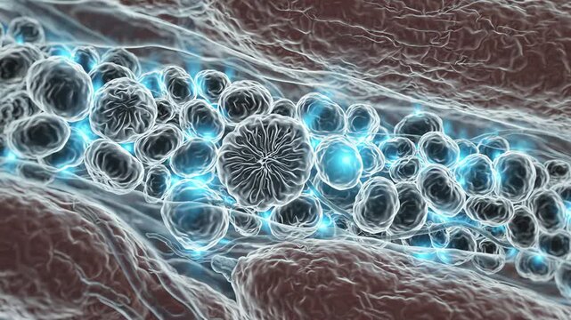 Mitochondria restoring cellular energy inside recovering muscle cells, glowing mitochondria gradually becoming more active within transparent muscle fibers