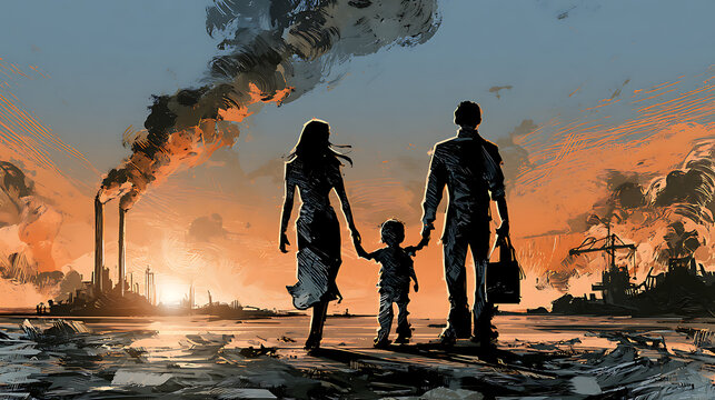 Dramatic illustration of a family walking through a polluted industrial landscape at sunset, symbolizing environmental crisis, air pollution, climate change and an uncertain future for children.