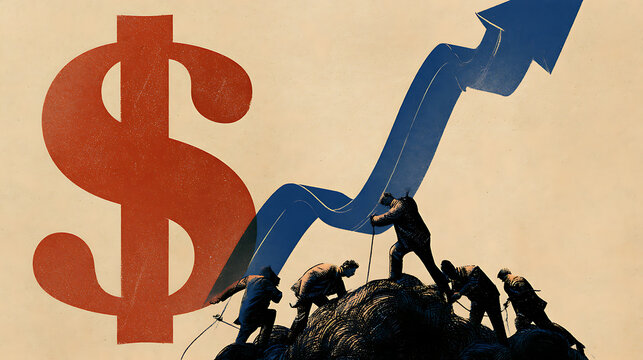 Conceptual illustration of rising living costs and inflation, featuring a giant dollar symbol, upward financial arrow and struggling people climbing toward economic stability amid financial challenges
