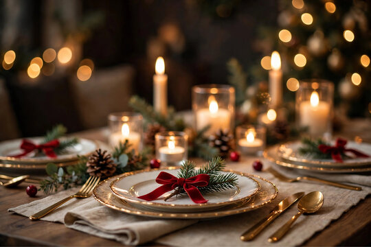 Elegant Candlelit Christmas Dinner Table Setting with Gold Rimmed Plates Red Ribbons Pine Sprigs Candles and Blurred Tree Bokeh