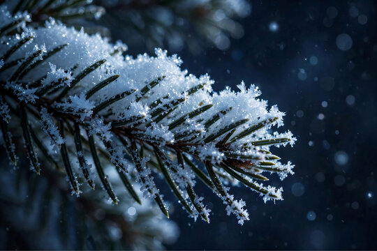 Snow Covered Pine Branch Macro at Night with Frost Crystals and Blue Bokeh, Winter Christmas Close Up