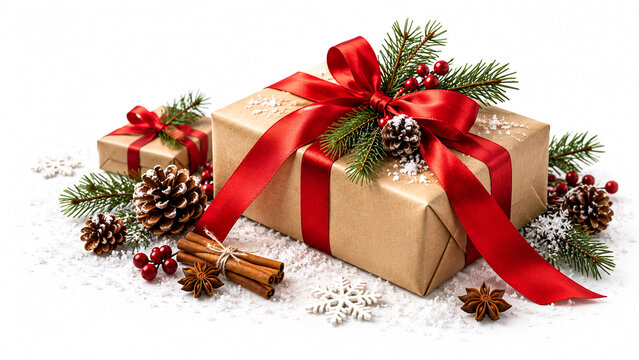 Festive wrapped kraft gift box with red ribbon, pinecones, and snowy greenery on white background.