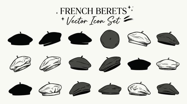 French beret icons vector set with solid outline and gray styles in side tilted and top views for fashion and Parisian design