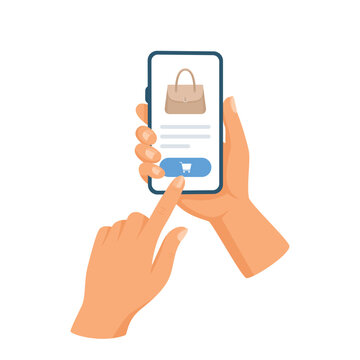 Mobile Shopping App, Vector Illustration. Hand Using Smartphone to Buy Handbag Online. Ecommerce Store Interface. Tap to Purchase. Online Shopping, Mobile Payment, Shop App, Digital Commerce Concept