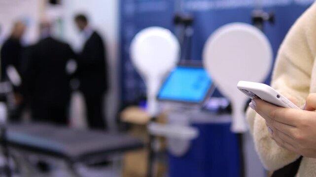 Person holds smartphone, looks at screen. Background shows blurry exhibition booths and people. Equipment with screens and white domes visible. Focus remains on hands and phone throughout frames