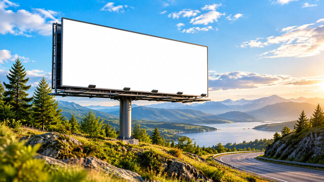 Blank billboard over mountain highway and scenic lake landscape with blue sky.