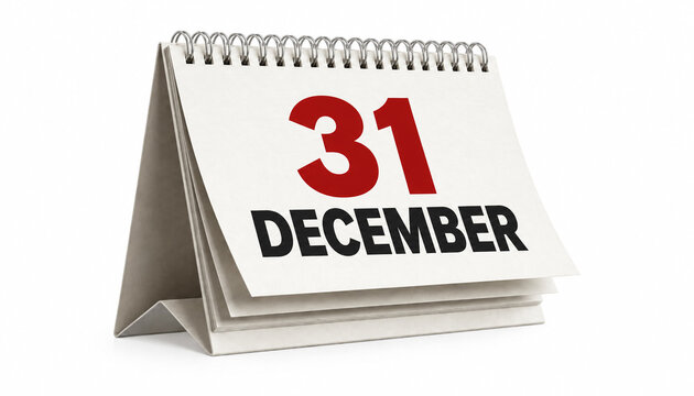 Minimalist desk calendar showing December thirty first date with red numbers on white paper.