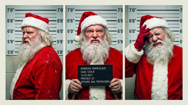 Santa Claus criminal mugshot triptych after arrest for B&E and trespassing