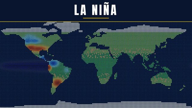 La nina climate phenomenon spread on dotted world map with cool zones and cold ocean temperature. 4k video