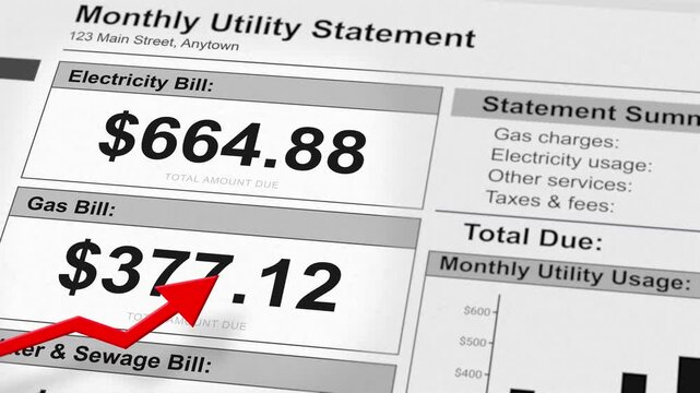 Monthly Utility Statement closeup with rising inflation red arrow. Cost of living, utility costs, billing sheet, home energy consumption, imbalance of monthly income and expense. 4k video footage