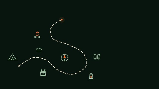 Camping adventure route map with dashed trail path and icons. 4k video